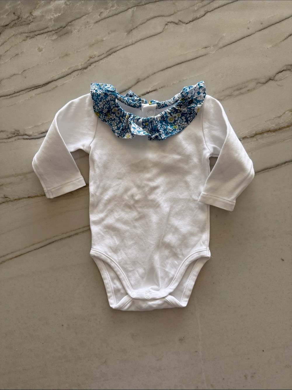 Jacadi White Bodysuit with Blue Floral Ruffle Collar
